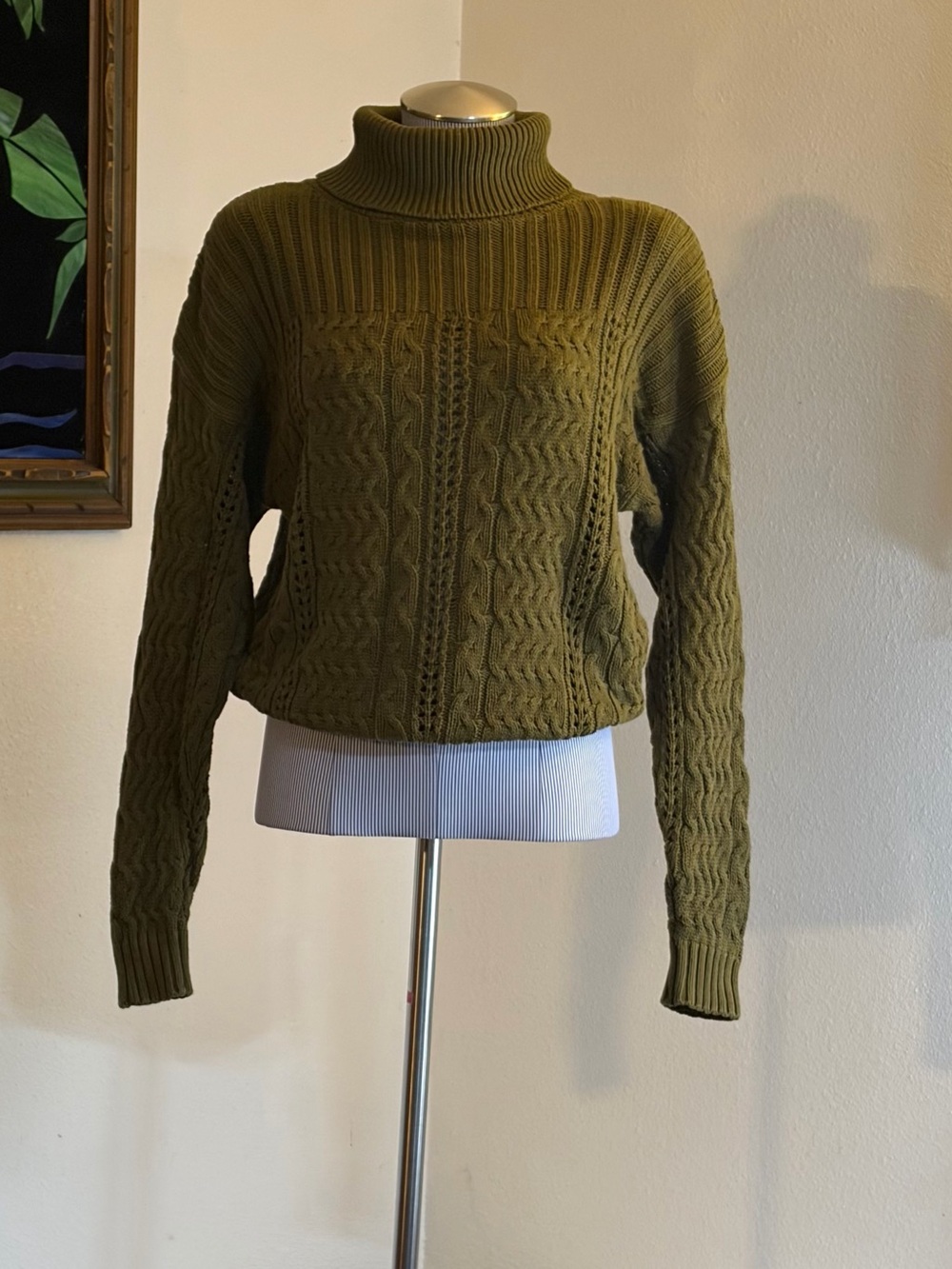 Cabled Turtleneck Sweater in Olive Green